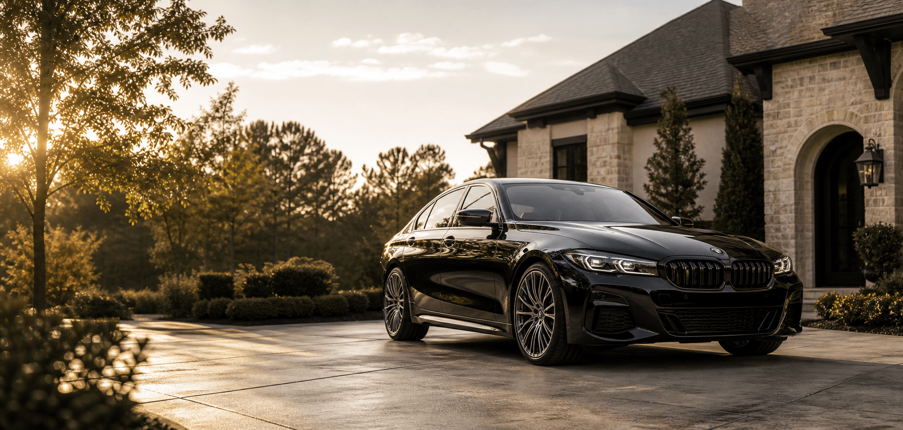 Luxury sedan in a polished upscale driveway representing premium mobile detailing in Jefferson, Georgia.